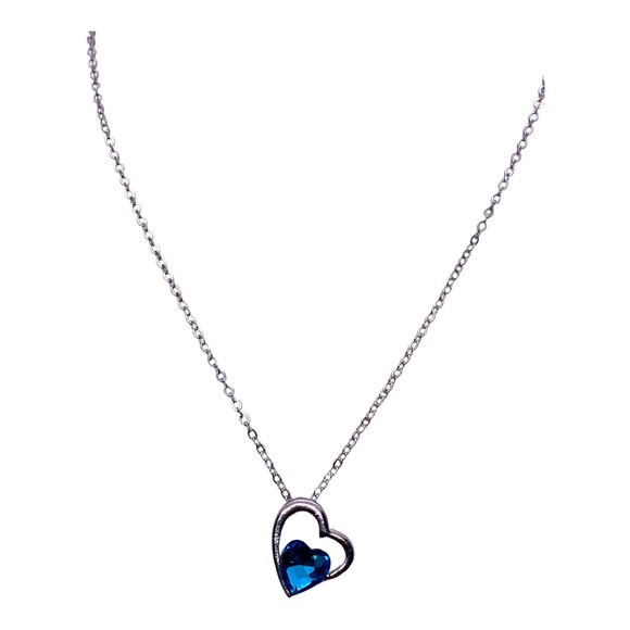Imitation Silver Blue Topaz Rhinestone Gemstone Two Hearts In One Necklace - Picture 4 of 6